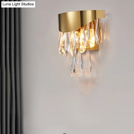 Gold Teardrop Crystal Drip Wall Sconce - Contemporary Indoor Lighting 2 Bulb Surface Mount