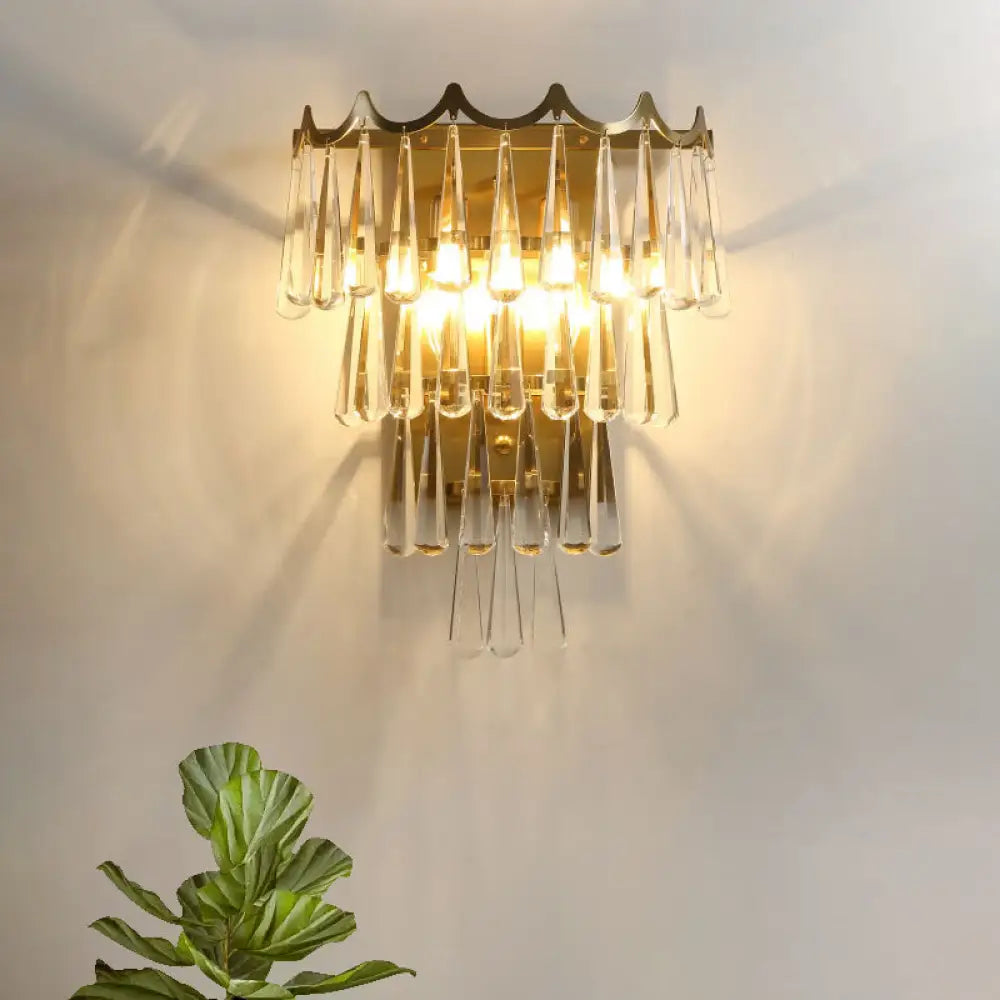 Gold Teardrop Crystal Wall Sconce With 2 Lights - Modern 3-Tiered Design