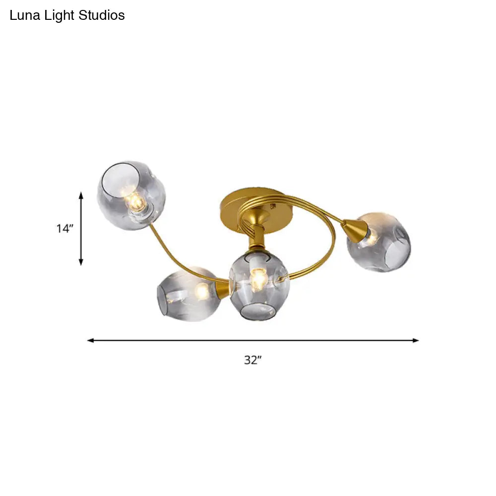 Gold Twist Arm Glass Study Room Ceiling Light - Modern Semi Flushmount In Smoke Gray