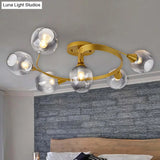 Gold Twist Arm Glass Study Room Ceiling Light - Modern Semi Flushmount In Smoke Gray