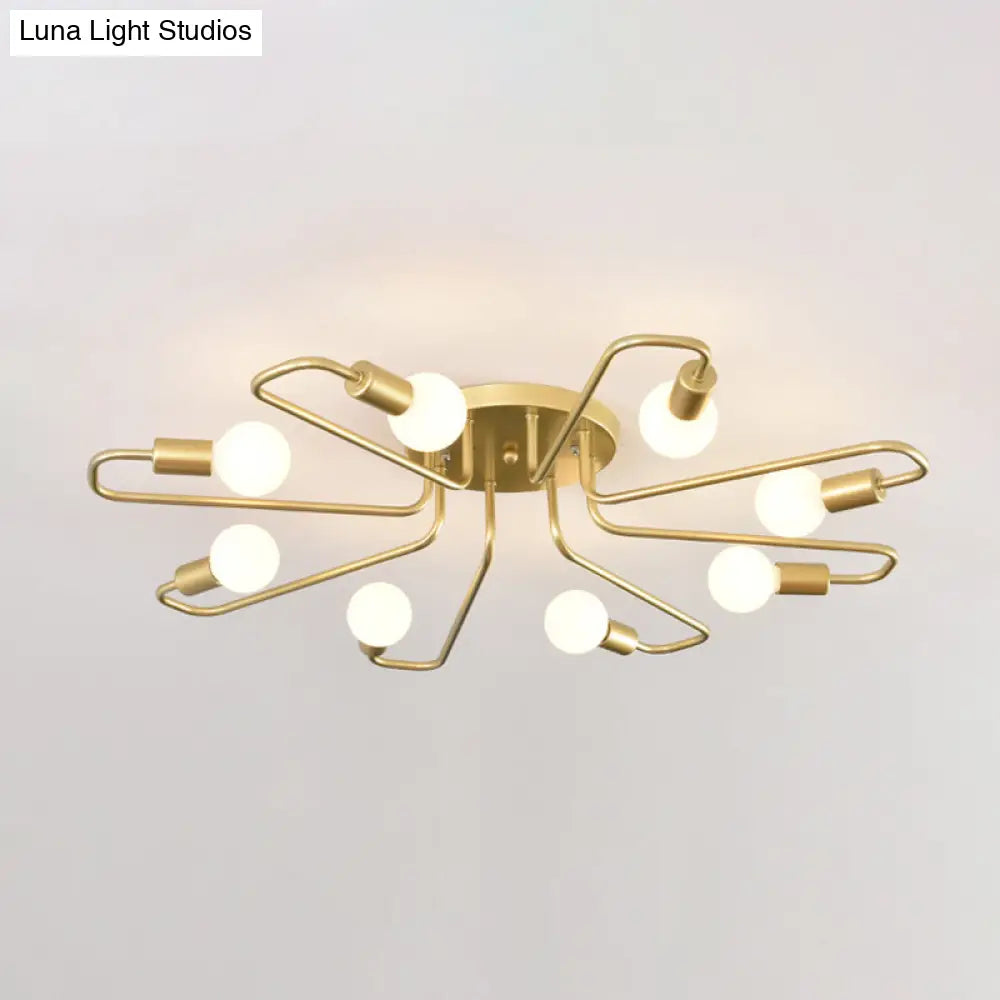 Gold Twisted Arm 8-Head Semi-Flush Metal Ceiling Lamp: Minimalist Lighting For Living Room