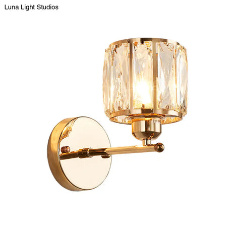 Gold Wall Lamp Beveled Cut Crystal Cylinder Sconce Light Fixture - Simplicity In 1 Head Design