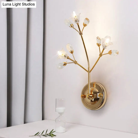 Gold Wall Sconce With Crystal Flowers And Leaves 3 Lights Simple Style