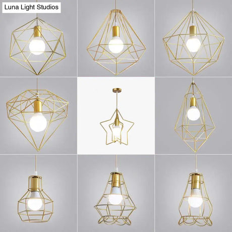 Gold Wire Cage Pendant Light - Nordic Style Ceiling Lamp For Dining Room