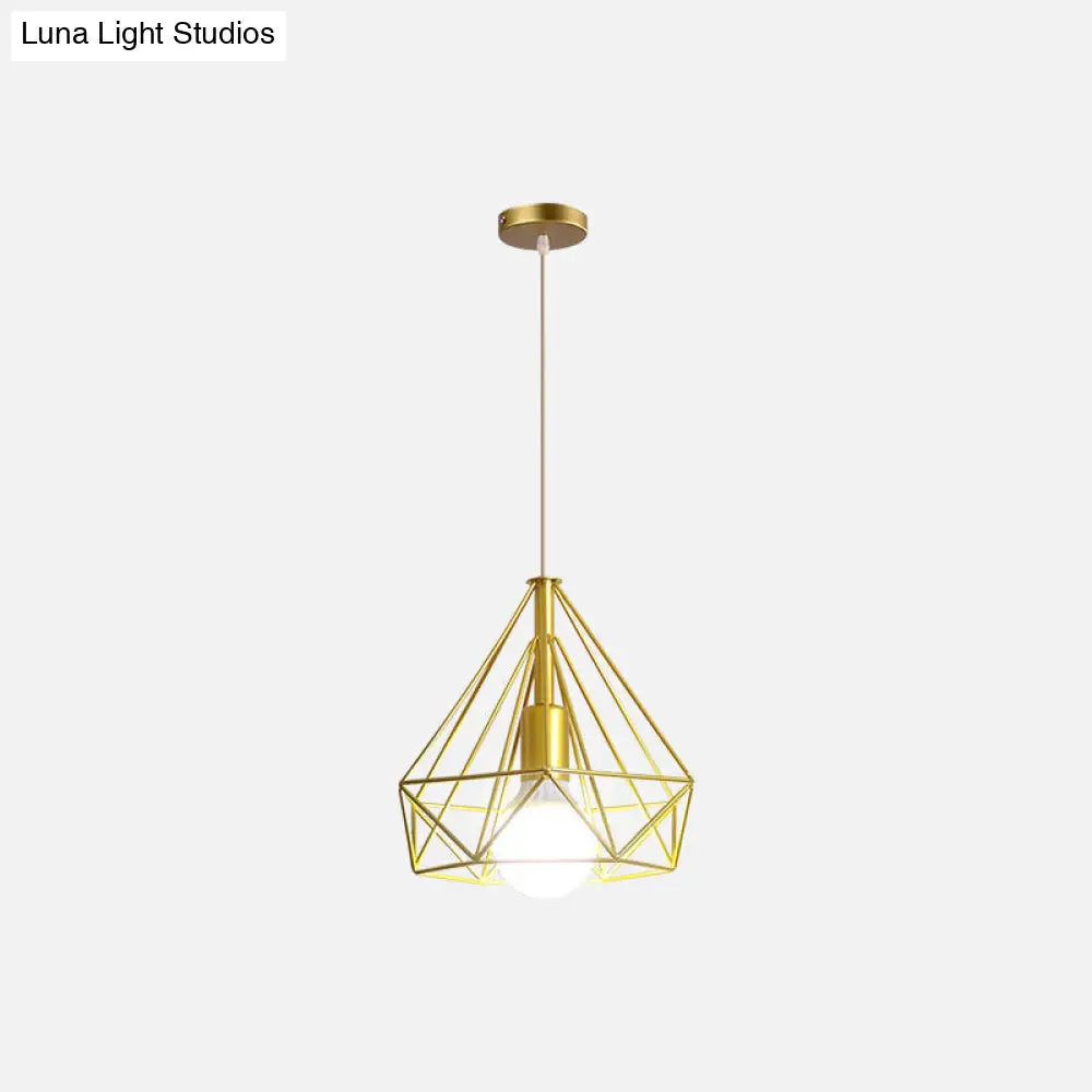 Nordic Style Gold Metal Wire Cage Pendant Light For Dining Room Ceiling / Cone
