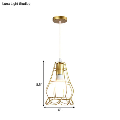 Gold Wire Cage Pendant Light - Retro Industrial Iron Hanging Lamp With Shade For Coffee Shop