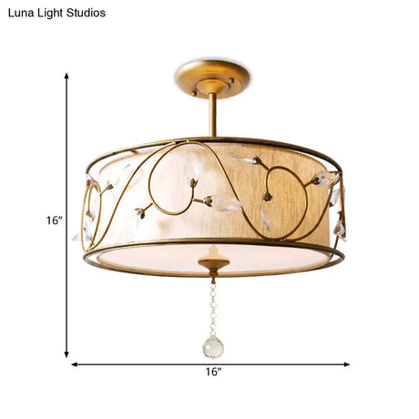 Golden 3-Light Semi Flush Lamp - Traditional Metal Ceiling Light With Crystal Element 14’/16’ Dia