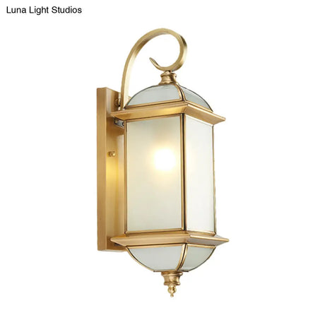 Golden Brass Curly Arm Wall Sconce With Frosted Glass Shade - Outdoor Lantern