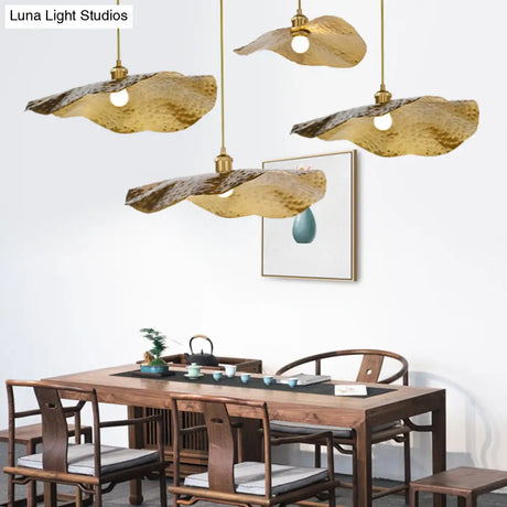 Golden Bronze Lotus Leaf Pendant Hanging Lamp - Mid-Century Metal Ceiling Light For Restaurants