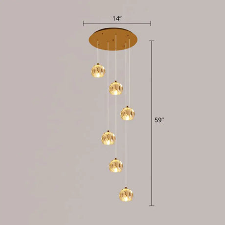 Golden Cluster Pendant Light With Faceted Cut Crystal Ball Design For Stairway Illumination 6 / Gold