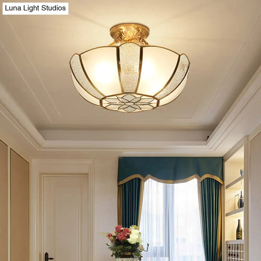 Golden Dome Ceiling Light: Classic Metal 3 Lights Semi Flush Mount With White Beveled Glass Shade