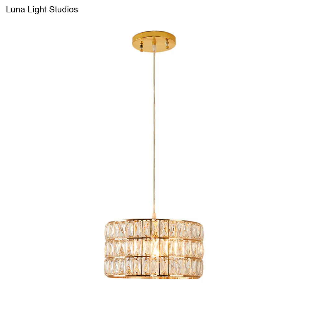 Golden Drum Crystal Hanging Lamp - Modern 1-Light Fixture For Dining Table