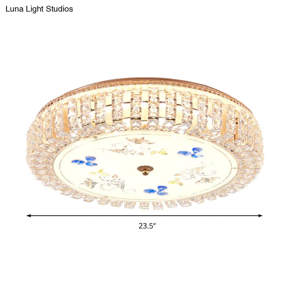 Golden Drum Flushmount Lighting: Modern Crystal And Glass Multi Light Ceiling Lamp (16/19.5 W) With