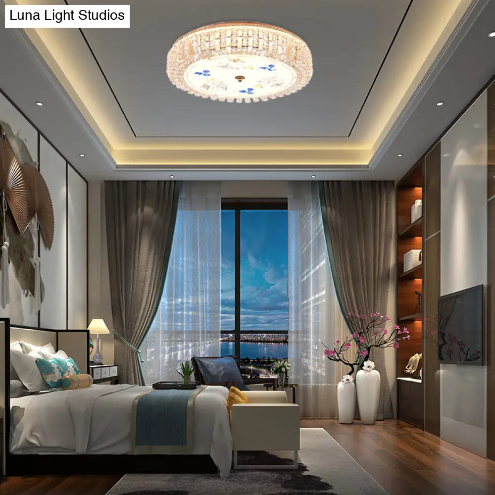 Golden Drum Flushmount Lighting: Modern Crystal And Glass Multi Light Ceiling Lamp (16/19.5 W) With