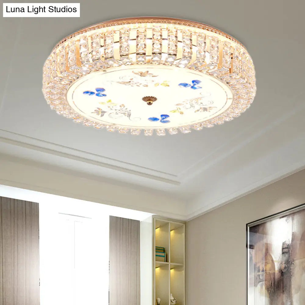 Golden Drum Flushmount Lighting: Modern Crystal And Glass Multi Light Ceiling Lamp (16/19.5 W) With