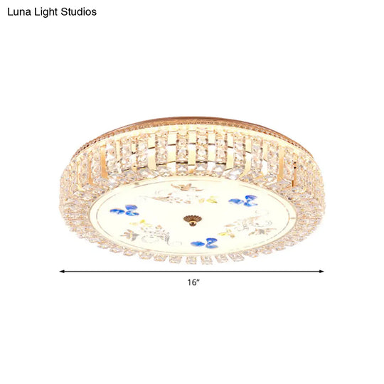 Golden Drum Flushmount Lighting: Modern Crystal And Glass Multi Light Ceiling Lamp (16/19.5 W) With