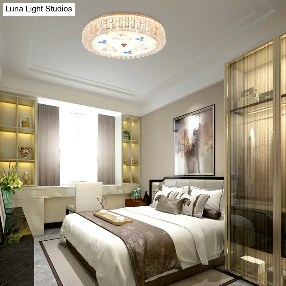 Golden Drum Flushmount Lighting: Modern Crystal And Glass Multi Light Ceiling Lamp (16/19.5 W) With