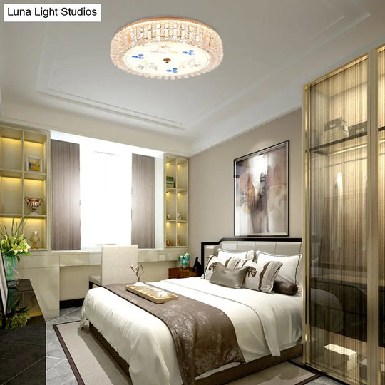 Golden Drum Flushmount Lighting: Modern Crystal And Glass Multi Light Ceiling Lamp (16/19.5 W) With