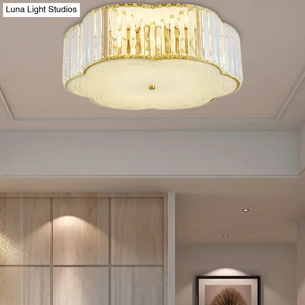 Golden Flower Flush Led Pendant Light With Modern Clear Crystal Design And Acrylic Diffuser -