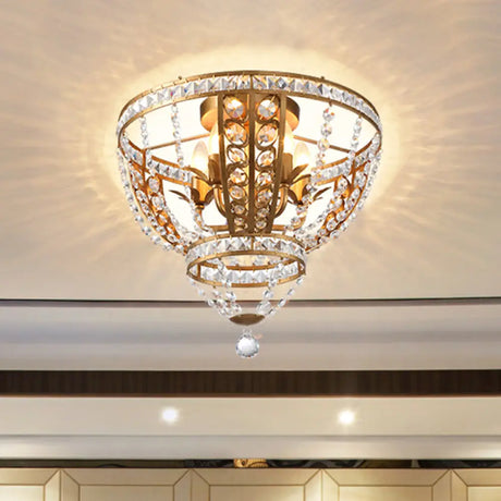 Golden Flushmount Light With 5 Crystal Swag Heads - Farmhouse Bowl Frame Ceiling Fixture Gold