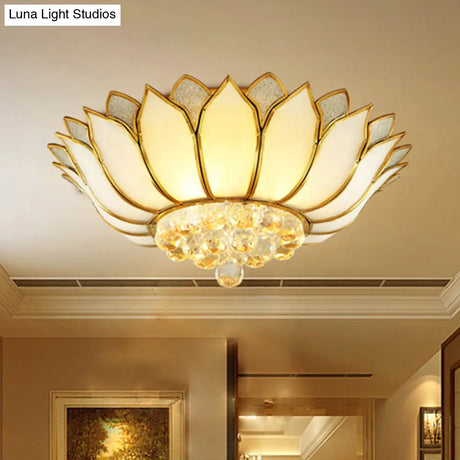 Golden Lotus Flush Mount Light - Traditional Glass Ceiling Lamp With Crystal Drop