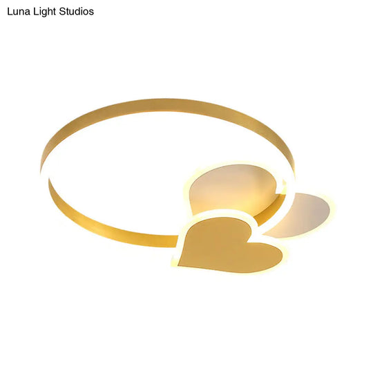 Golden Love Led Flush Mount Ceiling Light For Bedroom - Minimalist Acrylic Design With Metal Ring