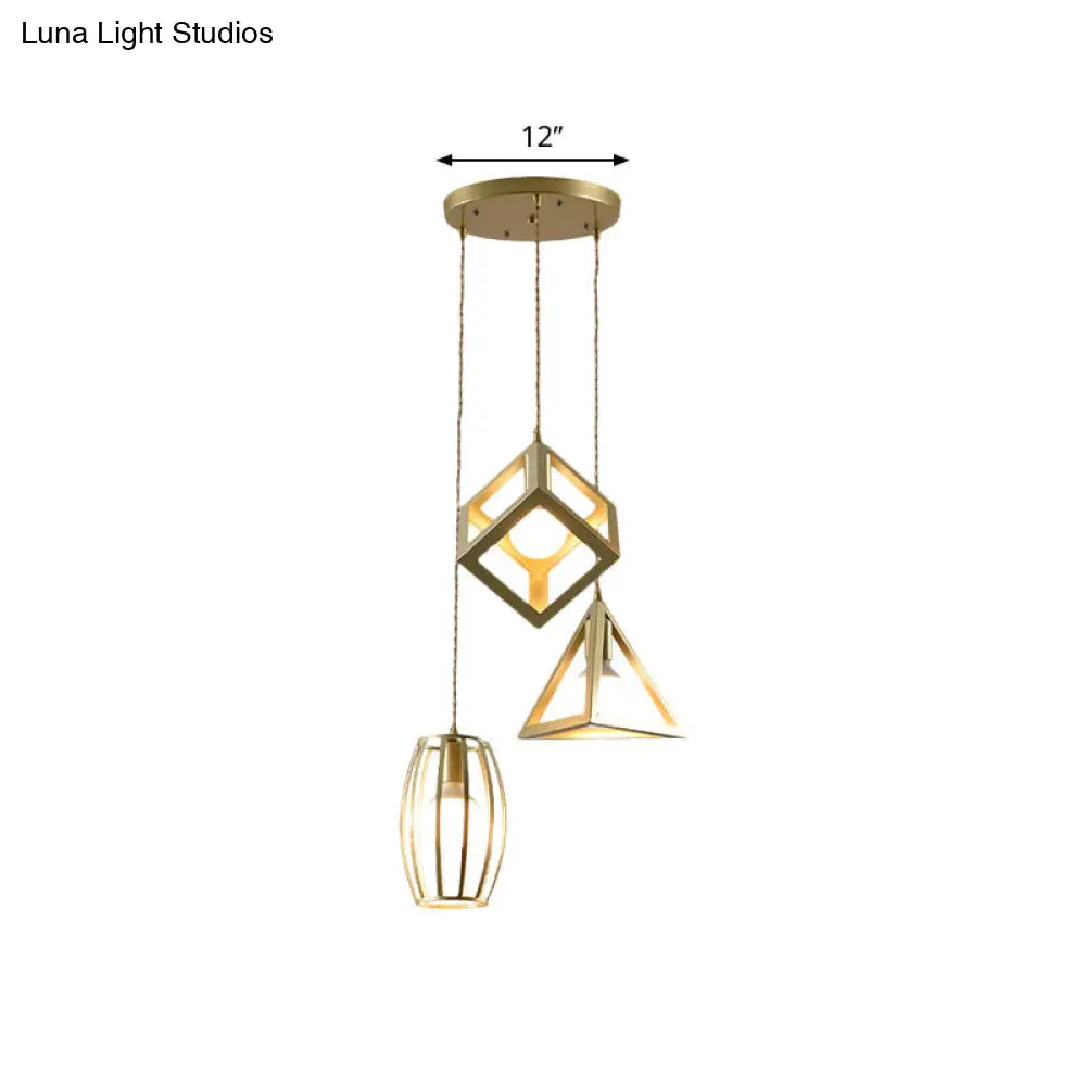 Golden Metal Farmhouse Hanging Lamp With 3 Lights For Living Room