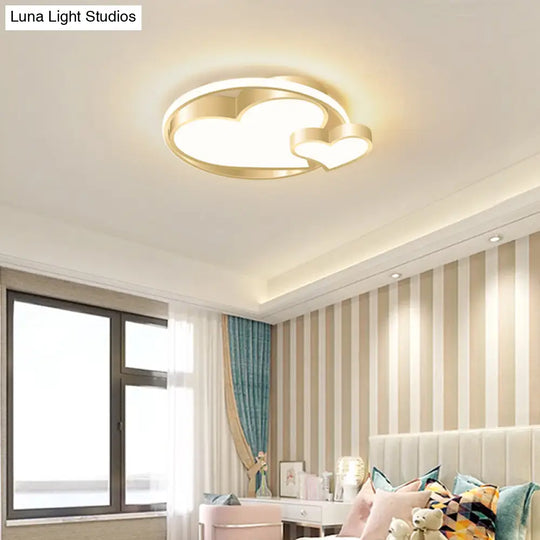 Golden Metal Flush Mount Ceiling Light With Double Heart Design For Modern Bedroom Lighting