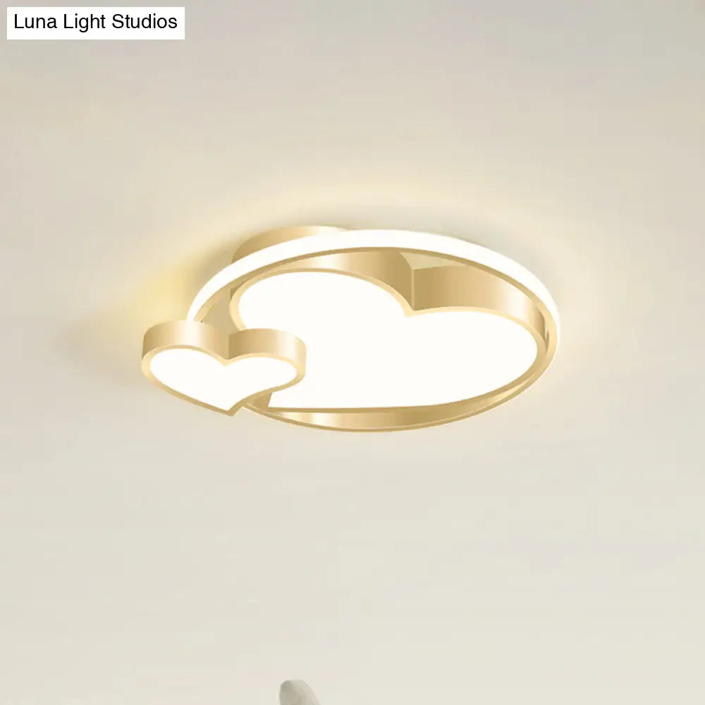 Golden Metal Flush Mount Ceiling Light With Double Heart Design For Modern Bedroom Lighting