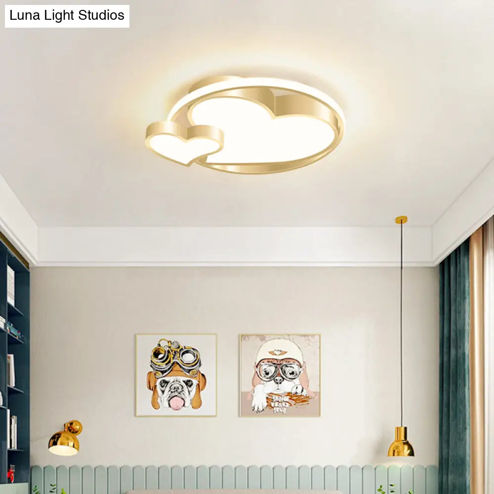 Golden Metal Flush Mount Ceiling Light With Double Heart Design For Modern Bedroom Lighting Gold /
