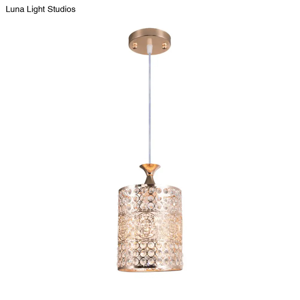 Golden Modernist Cylinder Pendant Light With Crystal Decoration - Metal Hanging Lamp 6’/7’ Width