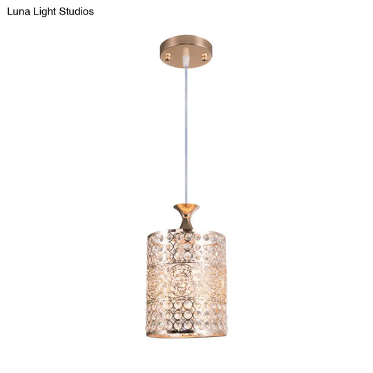 Golden Modernist Cylinder Pendant Light With Crystal Decoration - Metal Hanging Lamp 6’/7’ Width