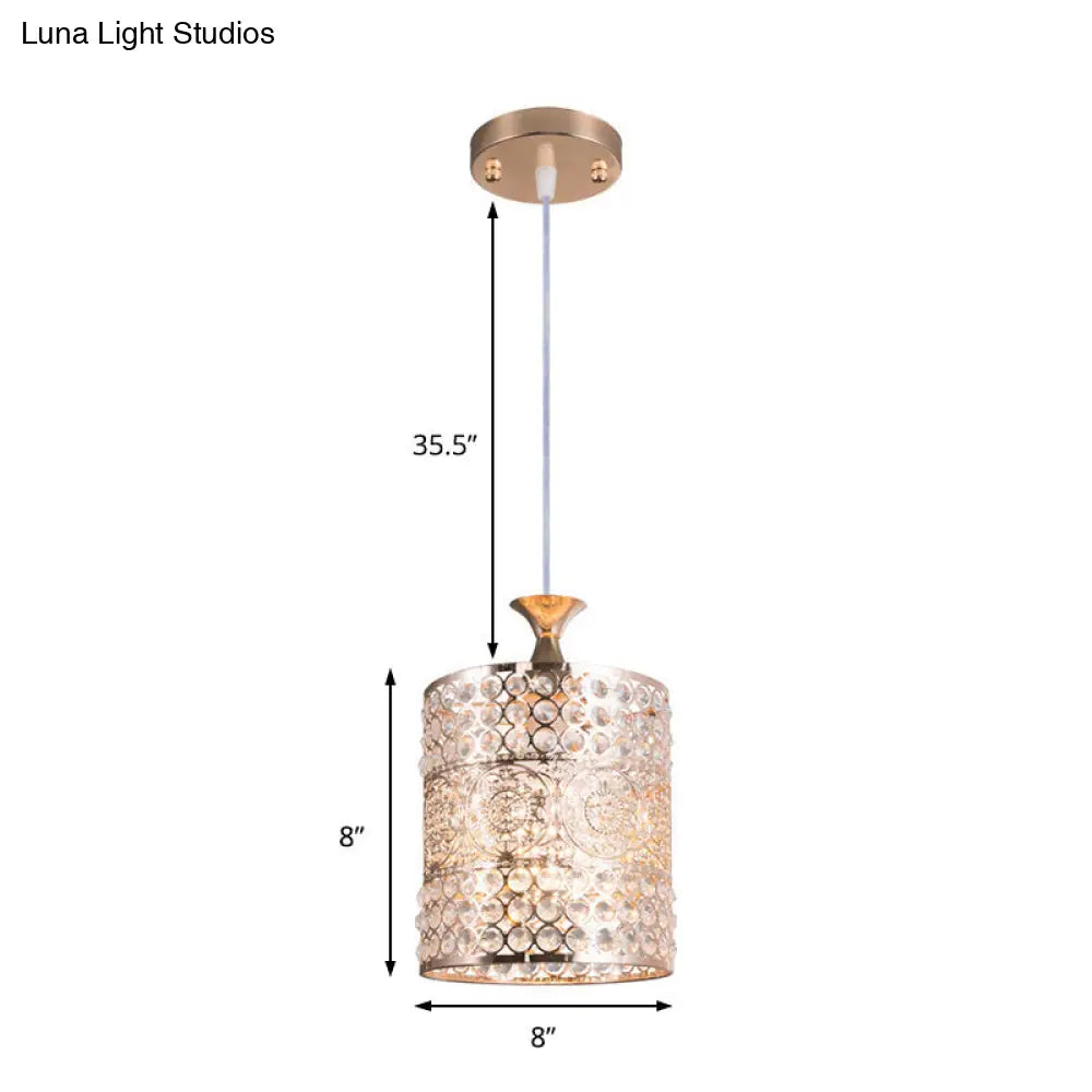 Modernist Golden Cylinder Pendant Ceiling Light With Crystal Decoration 6/7 Width