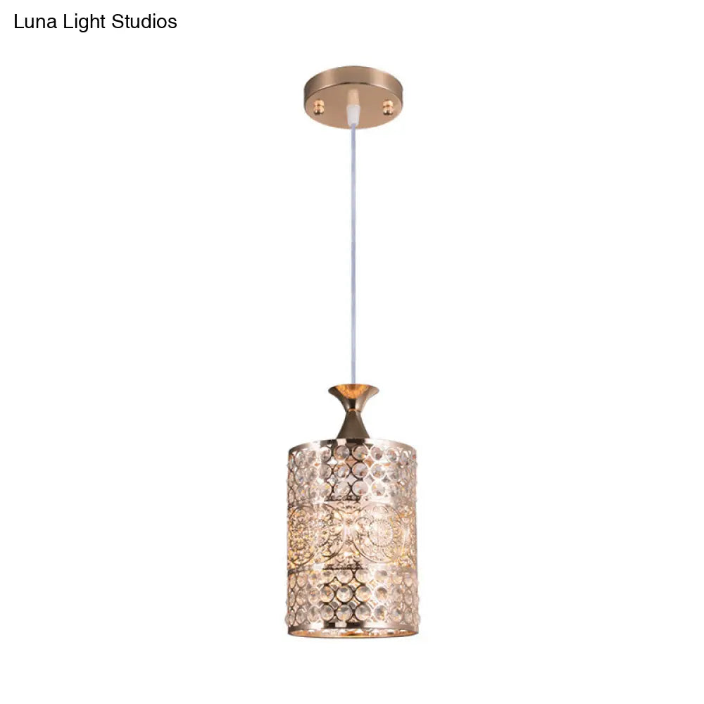 Golden Modernist Cylinder Pendant Light With Crystal Decoration - Metal Hanging Lamp 6’/7’ Width