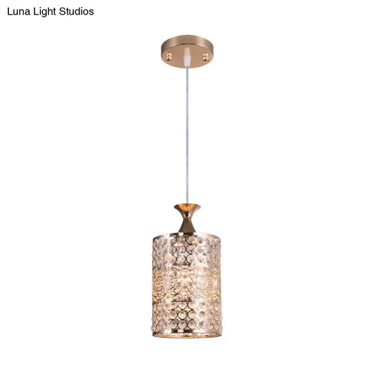 Golden Modernist Cylinder Pendant Light With Crystal Decoration - Metal Hanging Lamp 6’/7’ Width