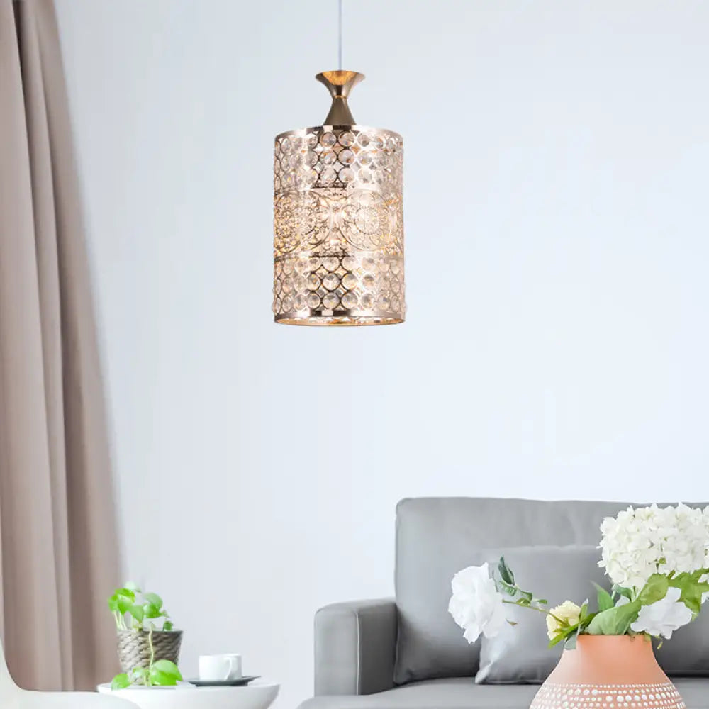 Golden Modernist Cylinder Pendant Light With Crystal Decoration - Metal Hanging Lamp 6’/7’