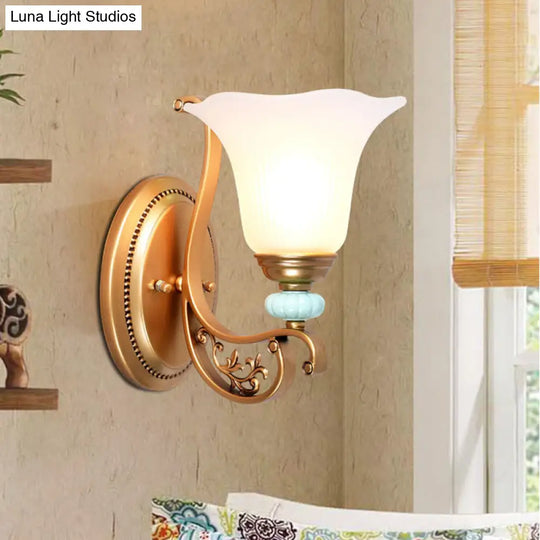Golden Scalloped Wall Sconce Light With Milky Glass Shade For Bedroom