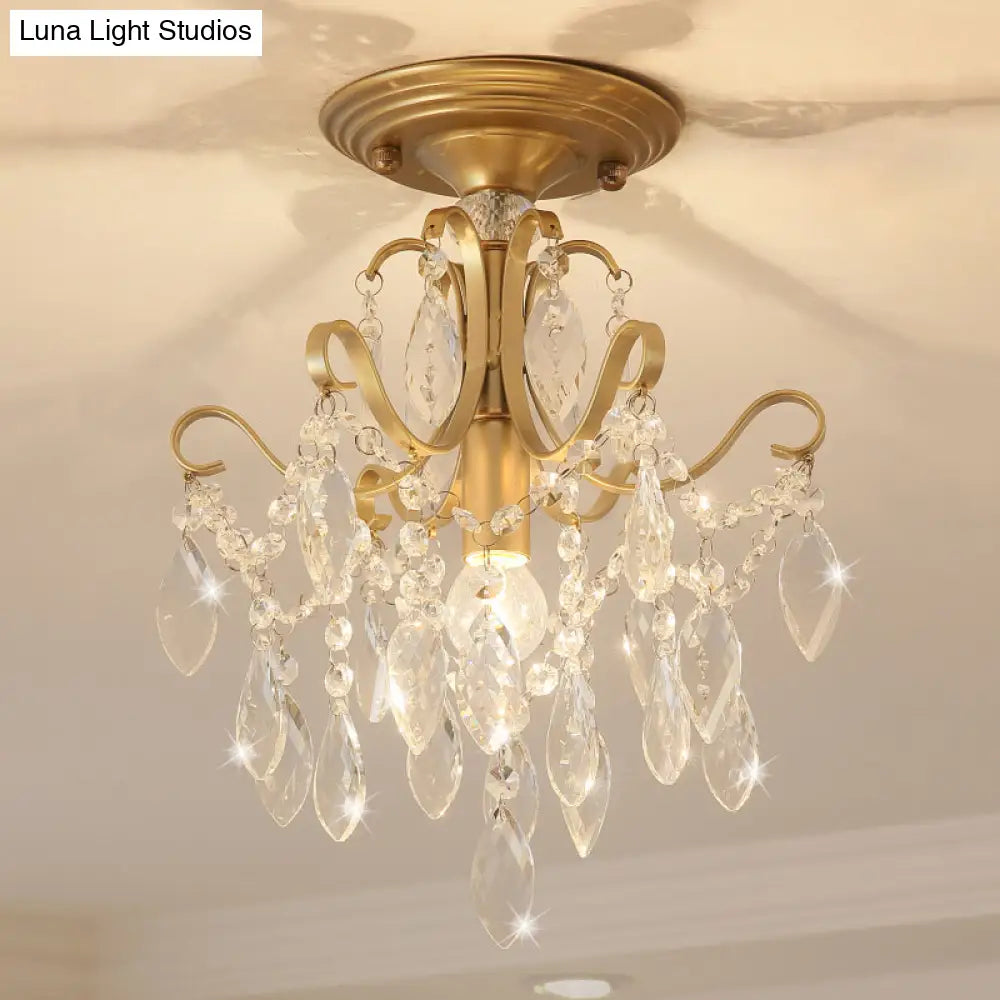 Golden Semi Flush Mount Light With Crystal Droplet - Traditional Bent Arm Design