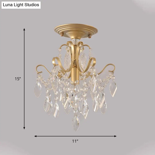 Golden Semi Flush Mount Light With Crystal Droplet - Traditional Bent Arm Design