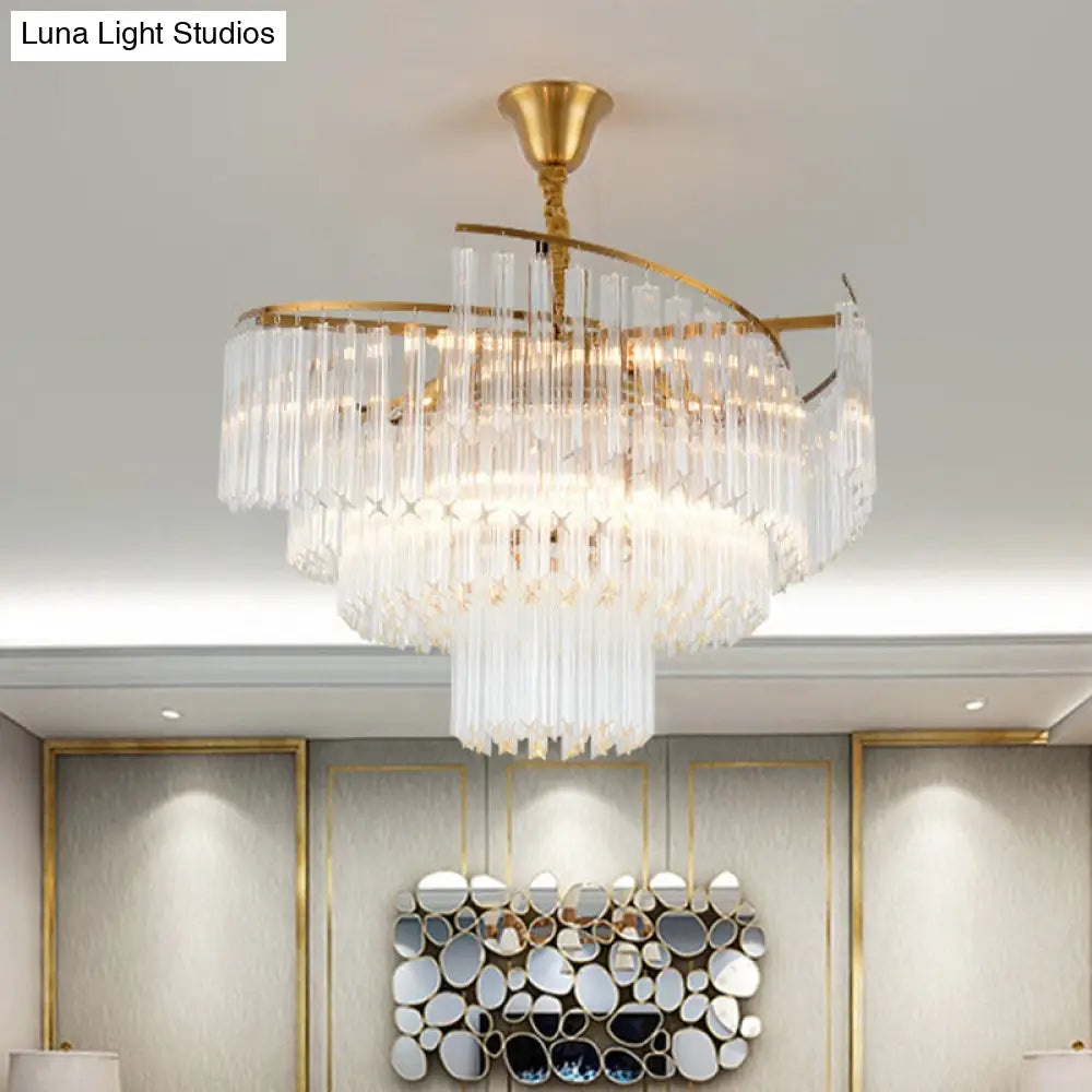Gold Led Pendant Chandelier With Crystal Rod Shade - 8-Bulb Tiered Light Fixture For Living Room