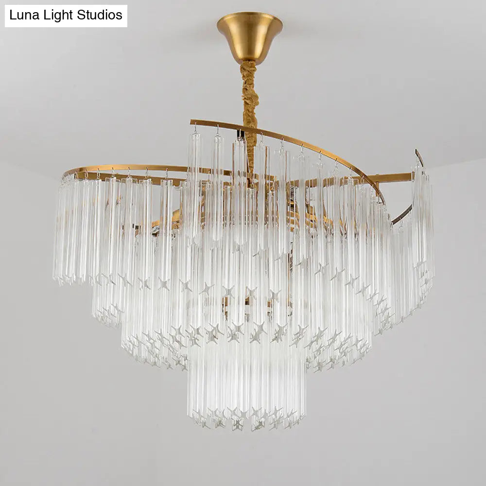 Golden Tiered Crystal Rod Chandelier: 8-Bulb Led Pendant Light For Living Room