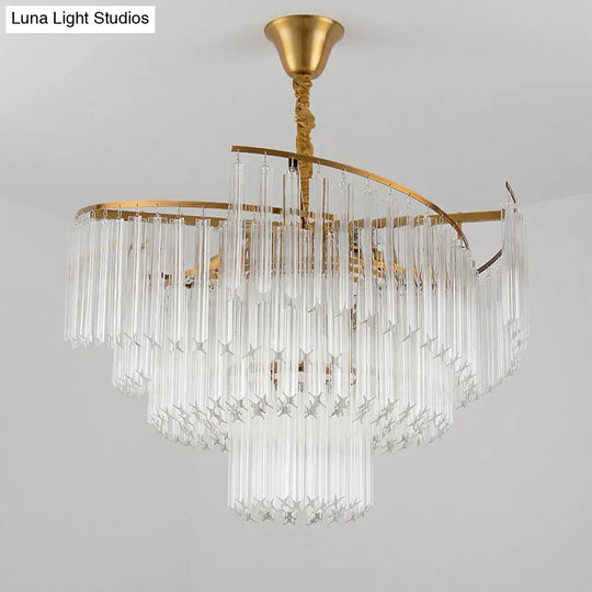 Golden Tiered Crystal Rod Chandelier: 8-Bulb Led Pendant Light For Living Room