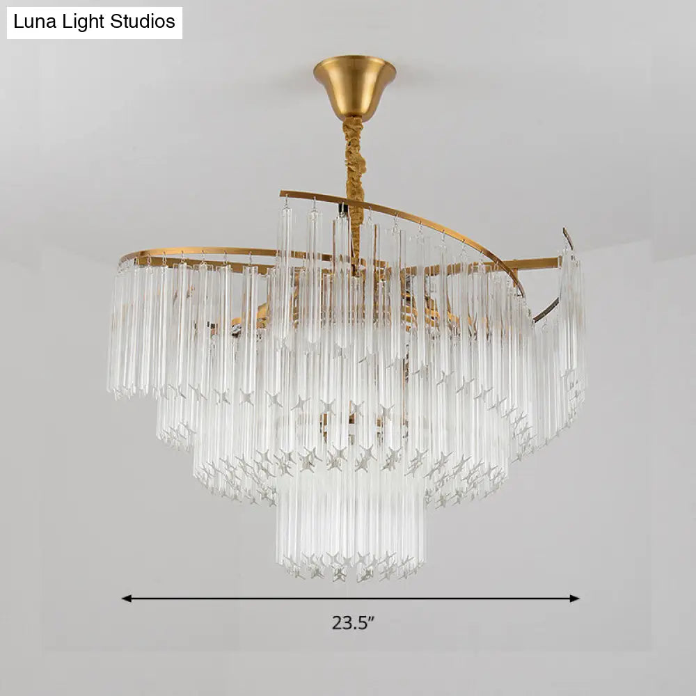 Gold Led Pendant Chandelier With Crystal Rod Shade - 8-Bulb Tiered Light Fixture For Living Room