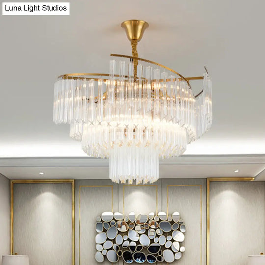 Golden Tiered Crystal Rod Chandelier: 8-Bulb Led Pendant Light For Living Room