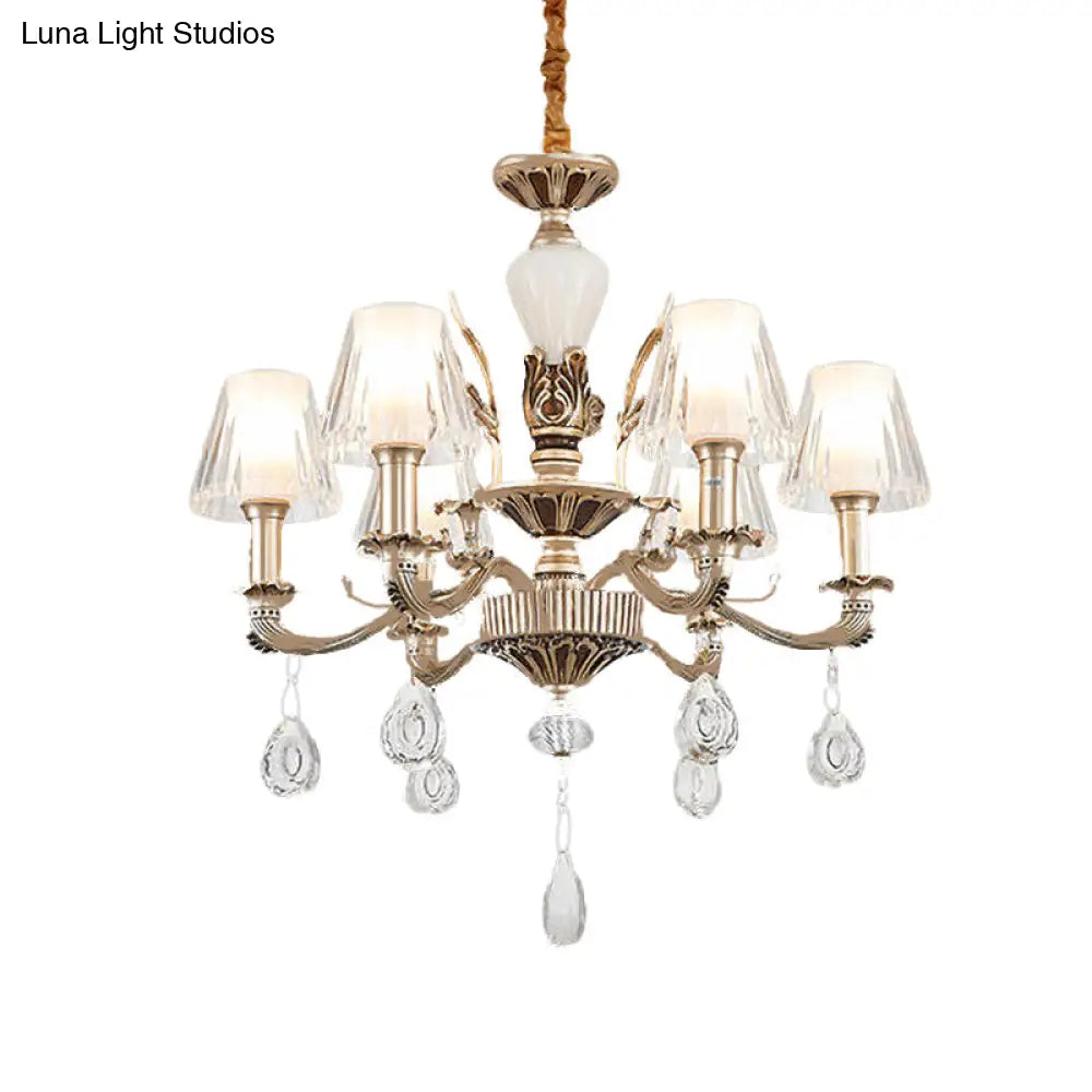 Golden Traditional 6-Light Chandelier With Cone Faceted Crystals - Hanging Lamp Fixture Kit
