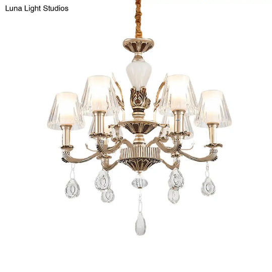 Golden Traditional 6-Light Chandelier With Cone Faceted Crystals - Hanging Lamp Fixture Kit