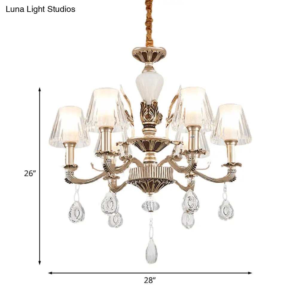 Golden Traditional 6-Light Chandelier With Cone Faceted Crystals - Hanging Lamp Fixture Kit