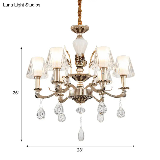 Golden Traditional 6-Light Chandelier With Cone Faceted Crystals - Hanging Lamp Fixture Kit
