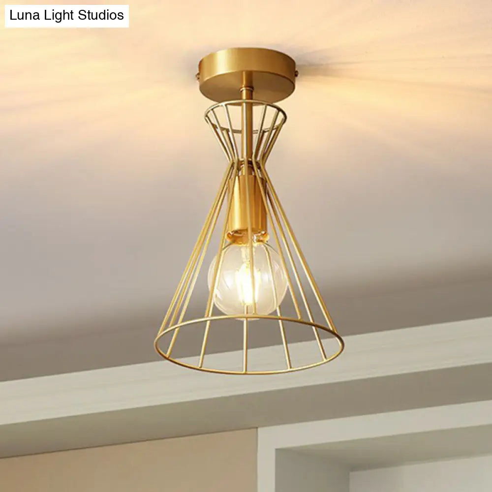 Golden Vintage Hourglass Semi-Flush Ceiling Light With Single Bulb