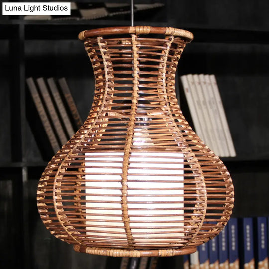 Gourd Hanging Light: Chinese Bamboo Pendant Fixture (1 Head Brown) - Ideal For Living Room